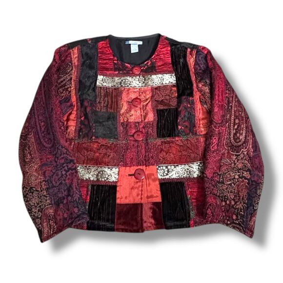Vintage Half Moon Bay Patchwork Jacquard Jacket Red Black Boho Brocade Velvet - Picture 1 of 10